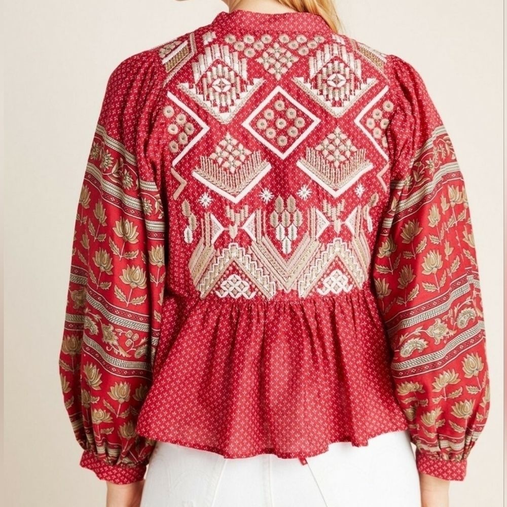 Anthropologie~Keira~Embroidered Red~ Peplum Blouse~Bohemian Boho~Hippie~ US2 UK6 - Picture 5 of 11